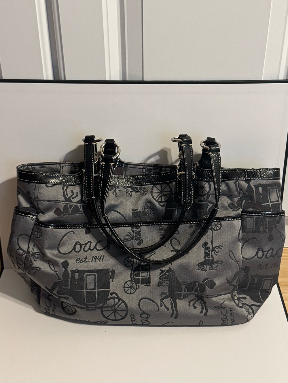 Coach Black and Gray Signature Carriage Tote